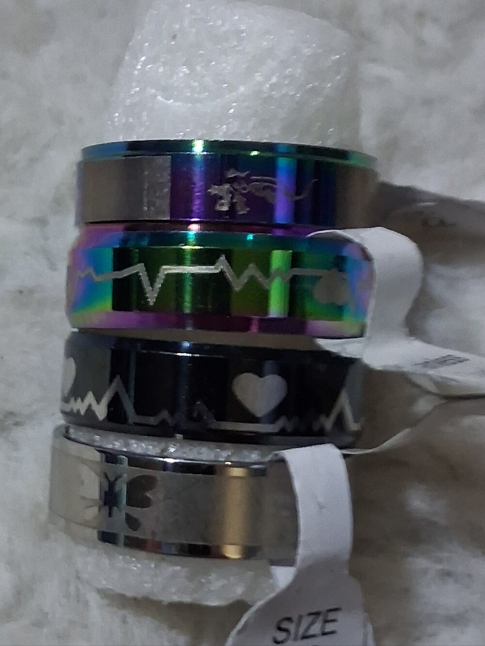 Men's Multicolor Stainless Steel Ring Set with ECG and Heart Motifs - Size 22